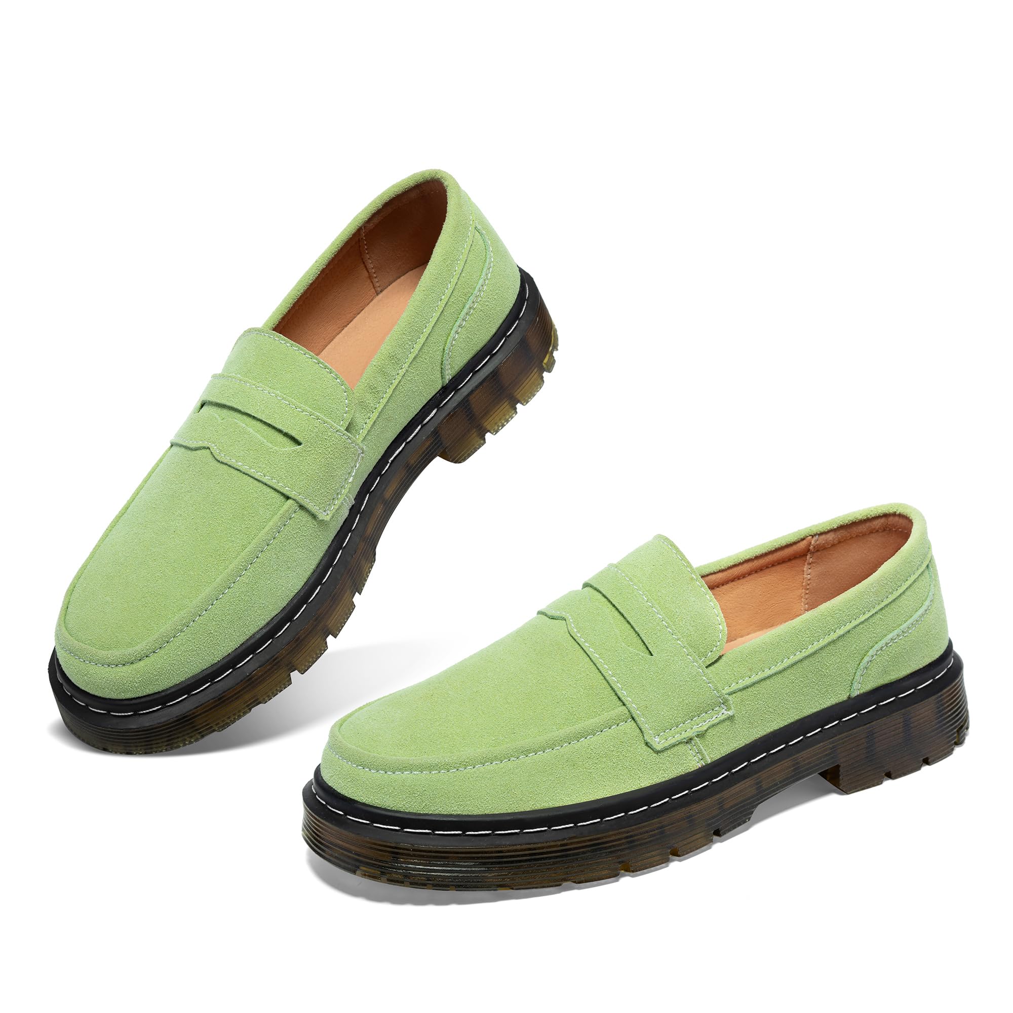 SENNYO Women's Suede Penny Loafer Comfort Driving Moccasins Casual Slip-Ons Loafer Flats Fashion Women Business Work Shoes Pistac,7.5 US