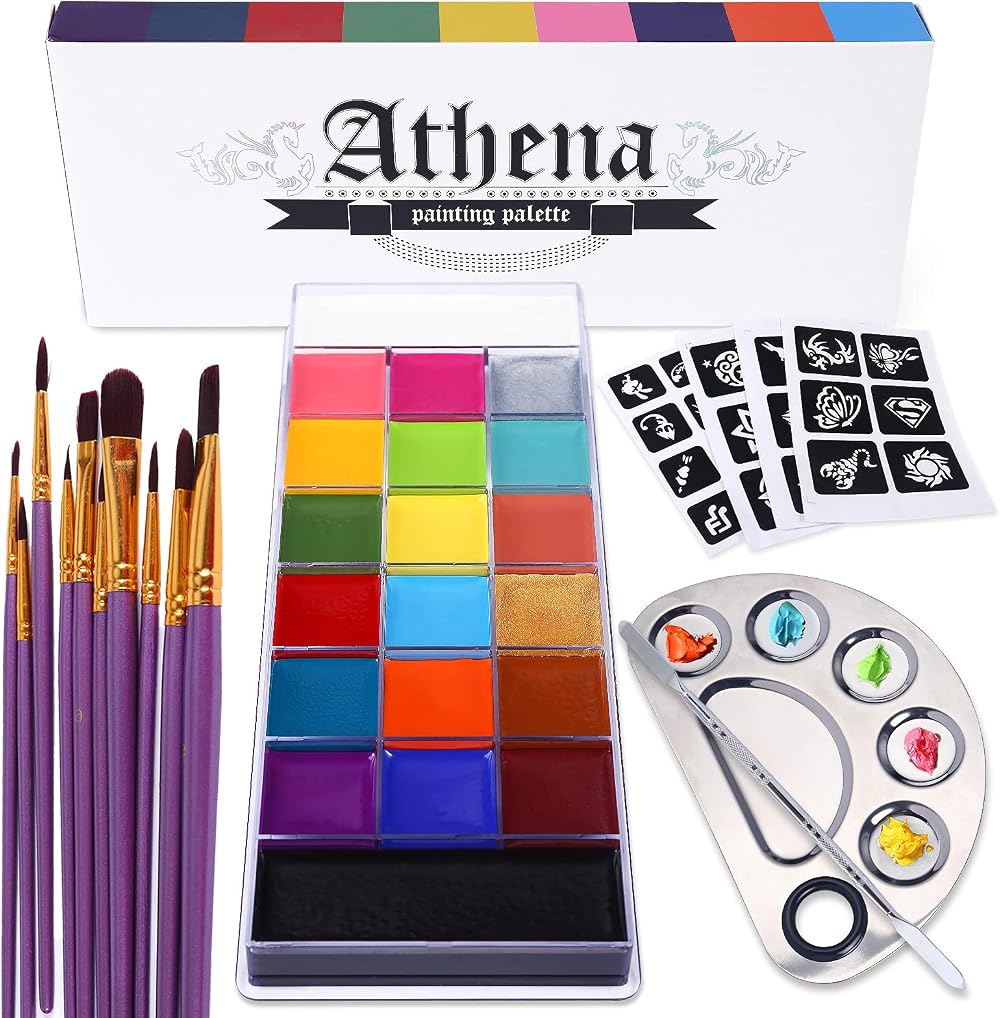 UCANBE Athena Face Body Paint Oil Makeup Set 20 Colors with Brushes Stencil