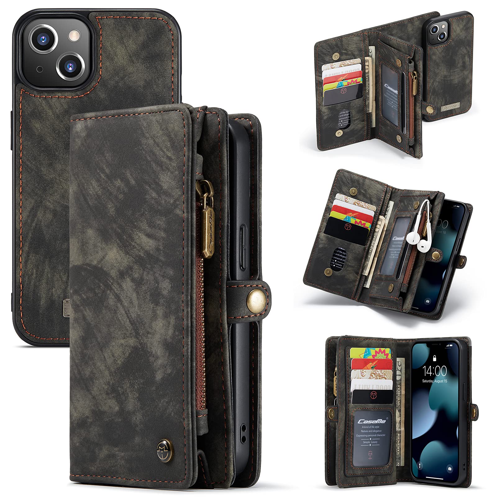 CaseMe Leather Flip Wallet Case for iPhone 13 Mini,Detachable Back Magnetic Closure 2-in-1 Shockproof Zipper Purse Cover with Card Slots (13 Mini, Black)