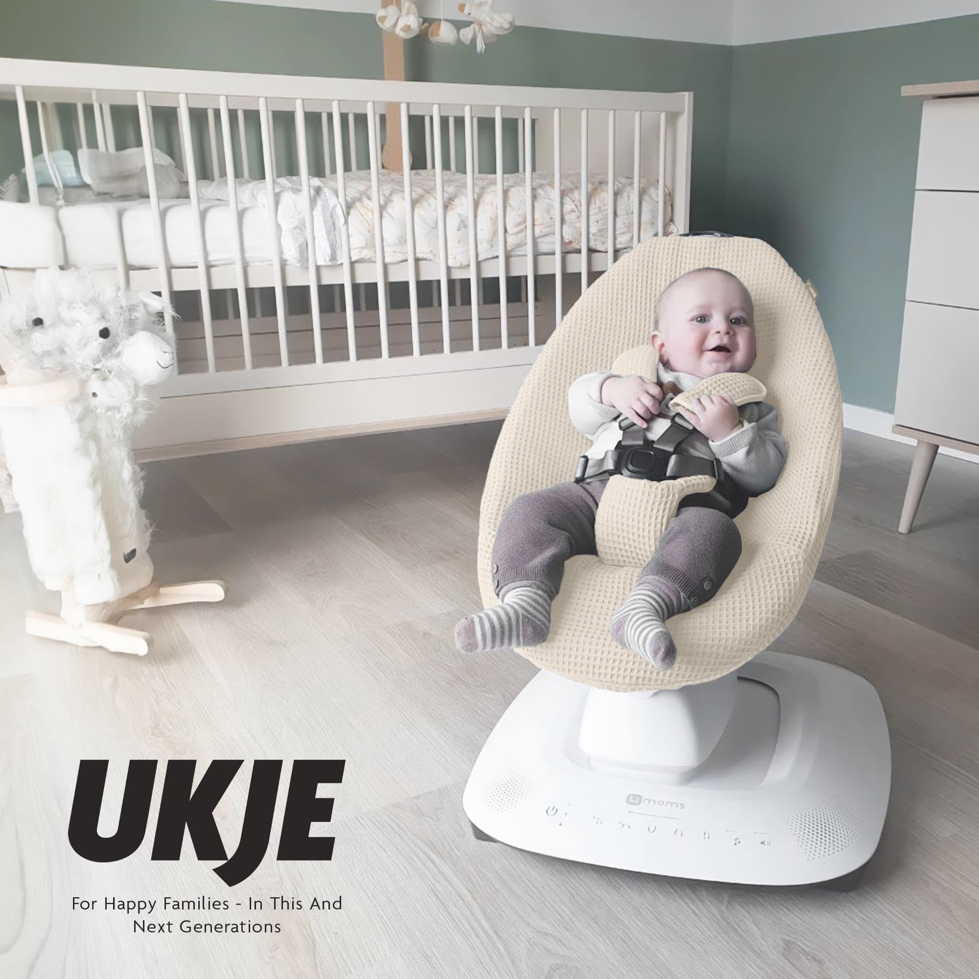 UKJE Protective Swing Cover Compatible with 4moms RockaRoo or MamaRoo 5, Multi-Motion Baby Swing, Baby Swing Liners, Baby Rocker Cover, Easy to Install, Easy to Wash, Handmade in Europe - Beige