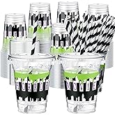 Domensi 50 Pcs Halloween Black and White Juice Classic Horror Party Plastic Cup 12 oz Scary Disposable Plastic Cups with Lids and Straws Thick Clear Horror Movie Party Table Decoration Supplies