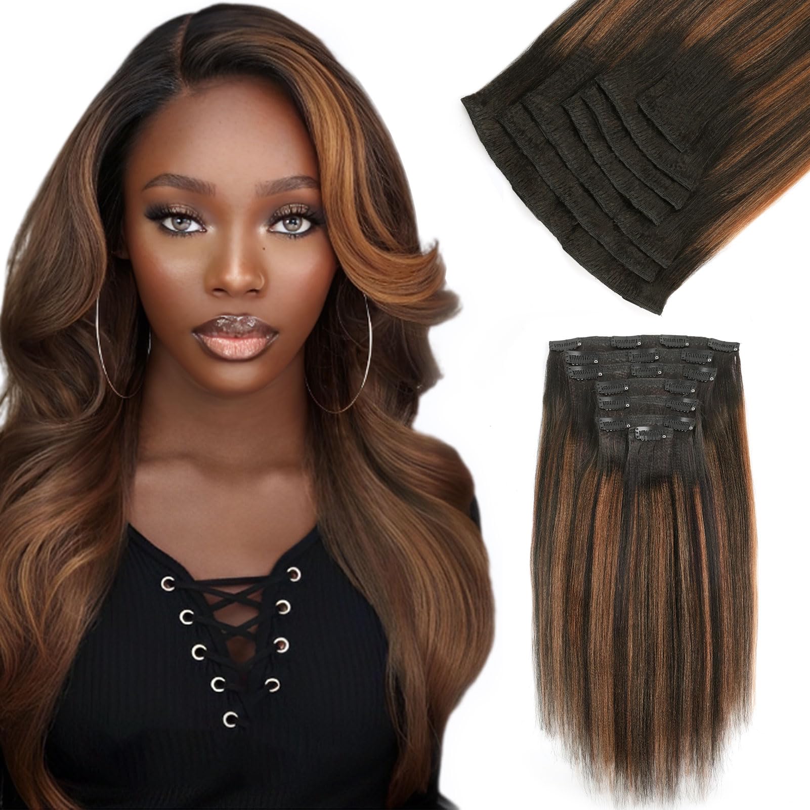 Yuniffe Yaki Straight Clip in Hair Extensions for Black Women Real Human Hair Clip ins Rooted Black Fading to Natural Black #1B Mixed With Auburn #30 Double Weft Remy Yaki Hair 12 Inch 7Pcs 120g — image 1