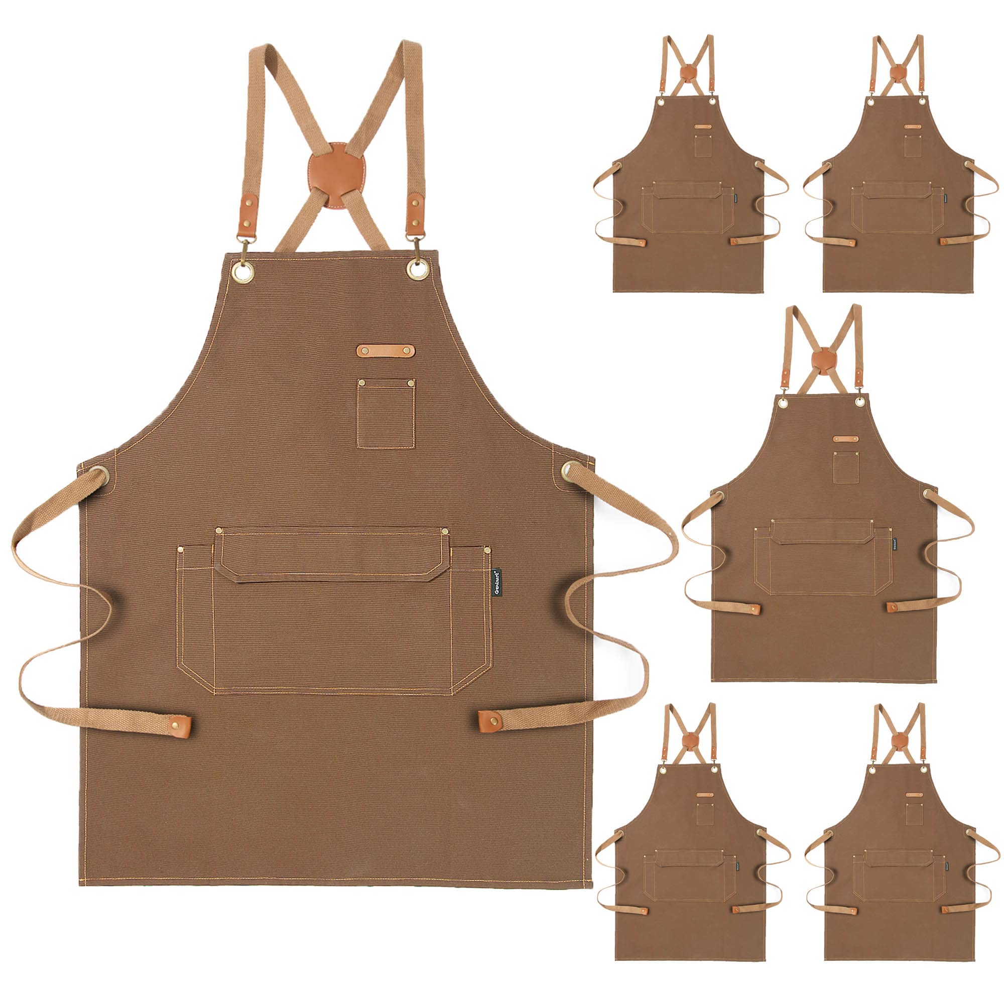 Genixart 6 Bulk Pack Chef Apron for Men Women with Pockets - Cross Back Kitchen Apron Cooking, Baking, BBQ - Cotton Canvas Work Aprons for Gardening, Restaurant, Cafe, Bar, Shop (6, Brown)