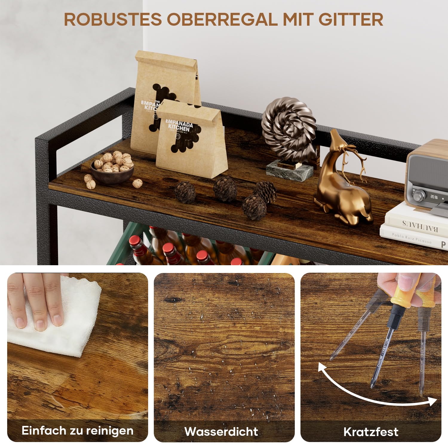 Getränkekistenregal 6 Kisten mit Ablage,33D x 104W x 115H cm Getränkeregal,Stabiler Metall Regal Getränkekisten,Freistehend Bierkisten Regal für Küche Keller Garage,Kistenregal Rustikales Braun 4