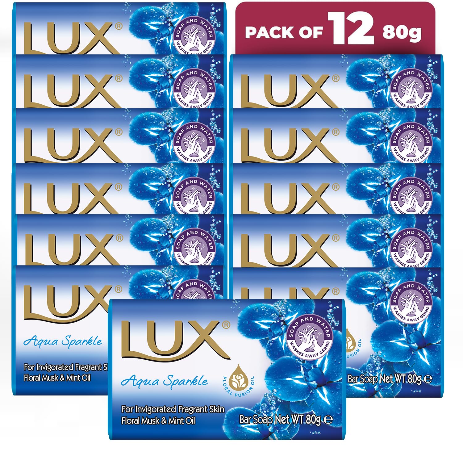 LUX Aqua Sparkle Soap Bar, Floral Musk & Mint Oil, For Invigorated Fragrant Skin, 80g (12 Pack)