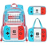 JIRAIKEI Boys Clear Backpack for School - Gamer Kids Clear Backpacks for Boys,3PCS Heavy Duty Transparent Bookbag and Lunch Box Set - See Through PVC Transparent Bookbag with Multiple Pockets