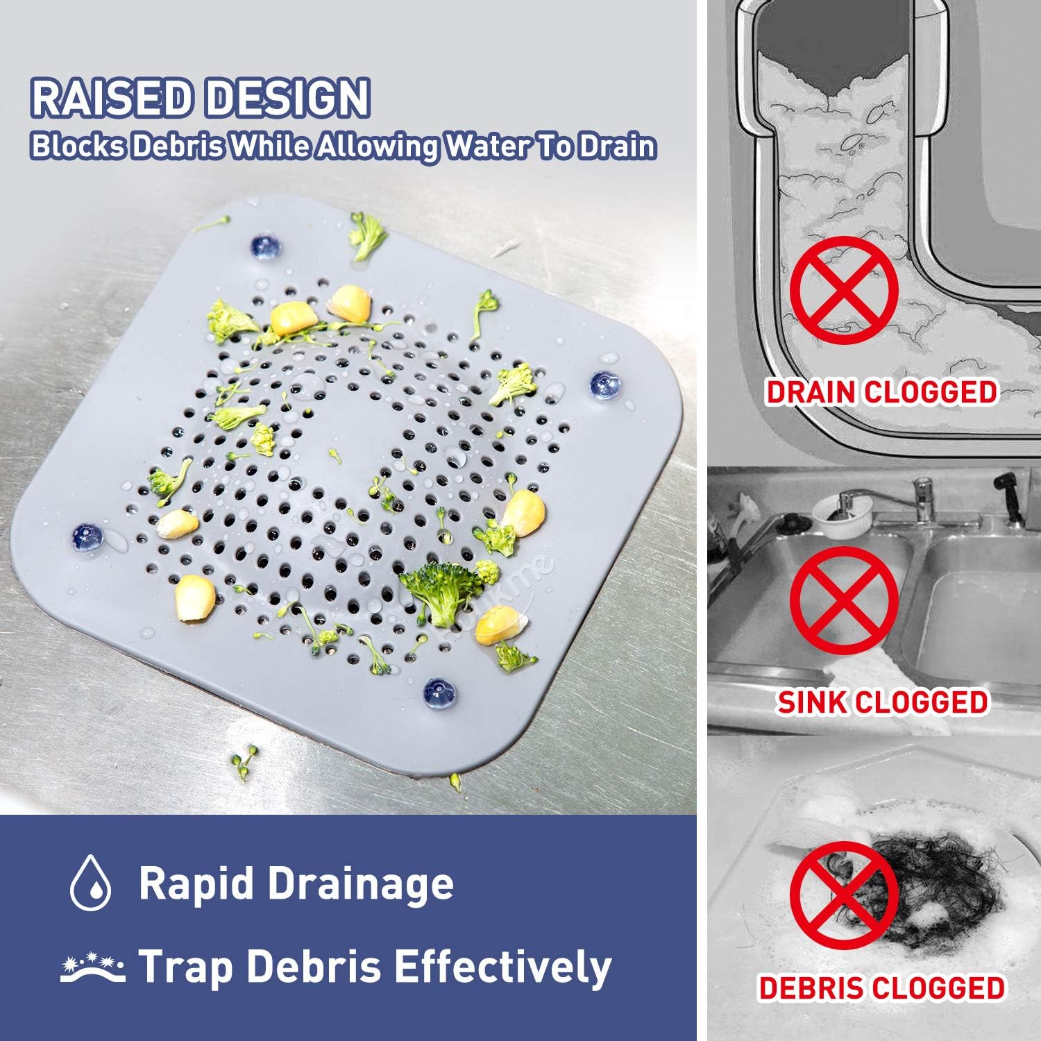 Holikme Drain Hair Catcher Shower Drain Cover Strainer, 2 Pack Silicone Drain Protector with 12 Detachable Suckers, Shower Drain Hair Trap for Tub,Bathroom,Kitchen,Bathtub,Basin, Grey/Grey: Kitchen & Dining