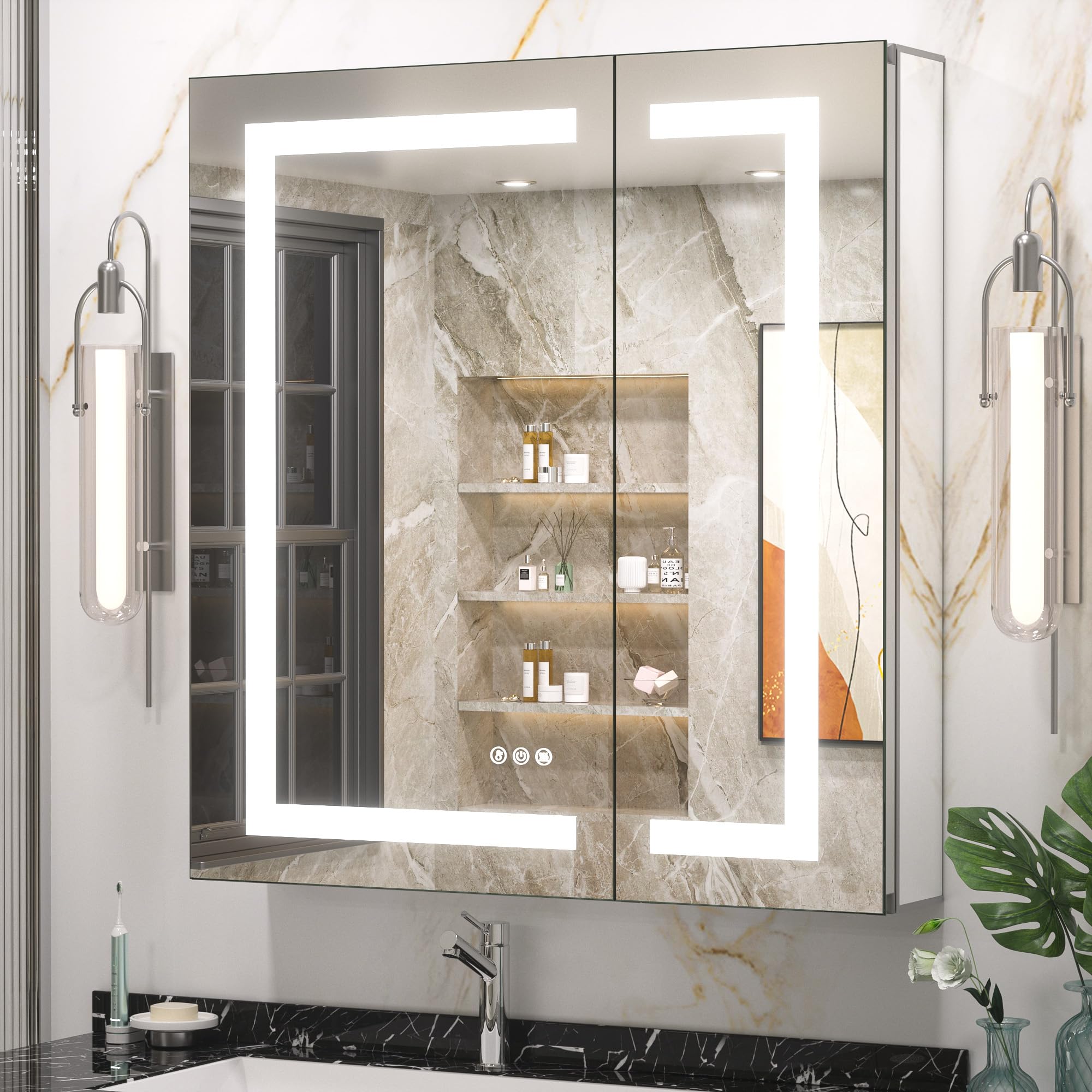 Keonjinn 30 x 32 Inch LED Medicine Cabinet Mirror for Bathroom with ...