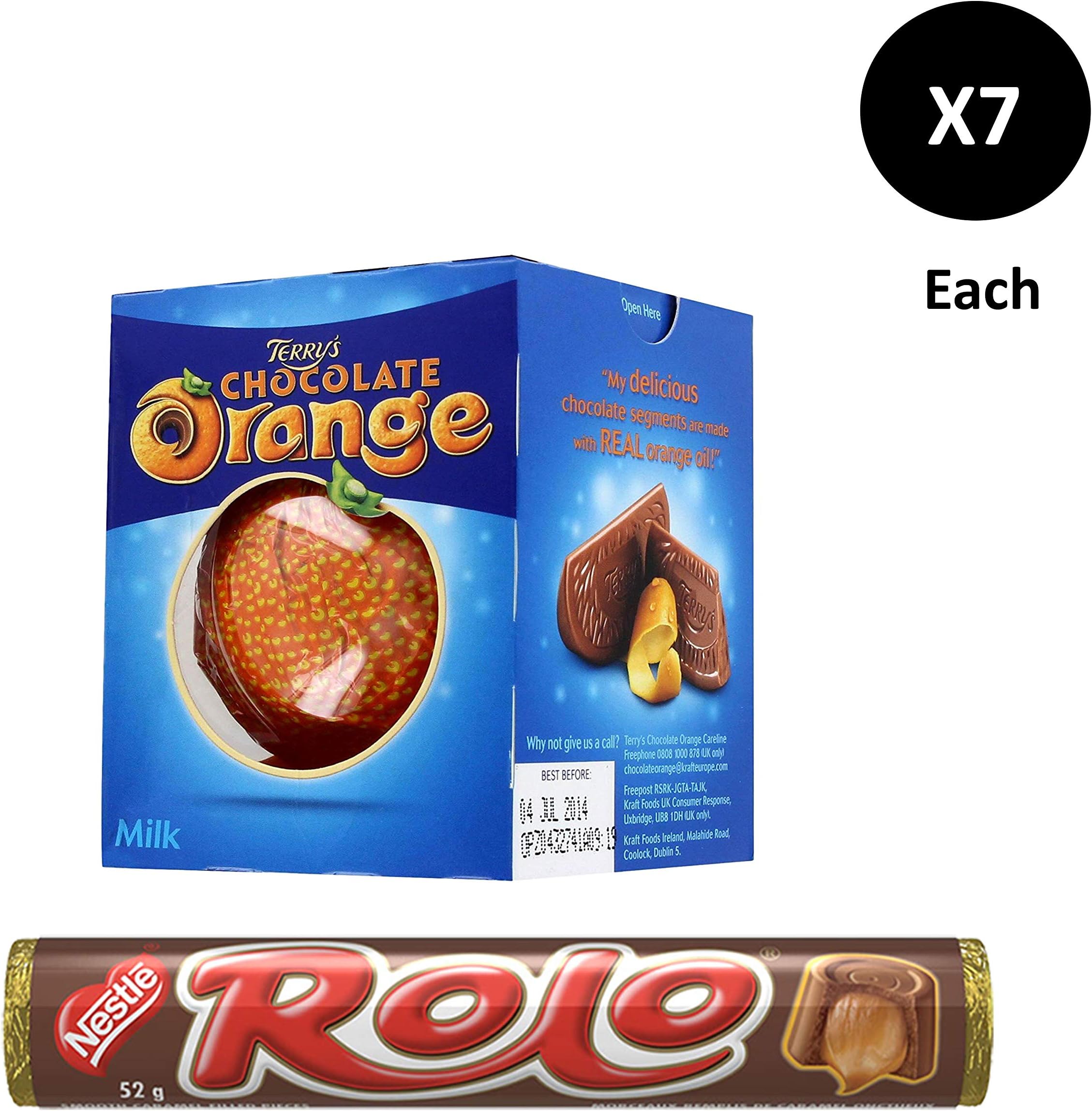 Rolo Chewy Caramel and Chocolate 7 x52g + Terry's Chocolate Orange Ball 7 x157g.