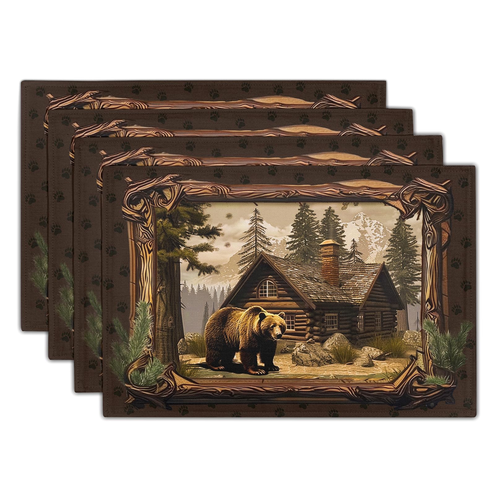 Photo 1 of Bear Placemats Set of 4 - Lodge Cabin Place Mats 12x18 Inch Rustic Farmhouse Wild Animal Table Mats Country Woodland Kitchen Mats for Dining Table