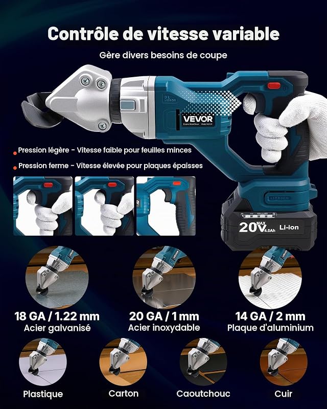Cisaille à Tôle Électrique, 20 V CC, Cisaille à Métaux sans Fil avec Tête Pivotante 360°, Double Lame, pour Acier Galvanisé 1,22 mm, Acier Inoxydable 1 mm, Aluminium, Plastique, Carton, 2800 SPM
