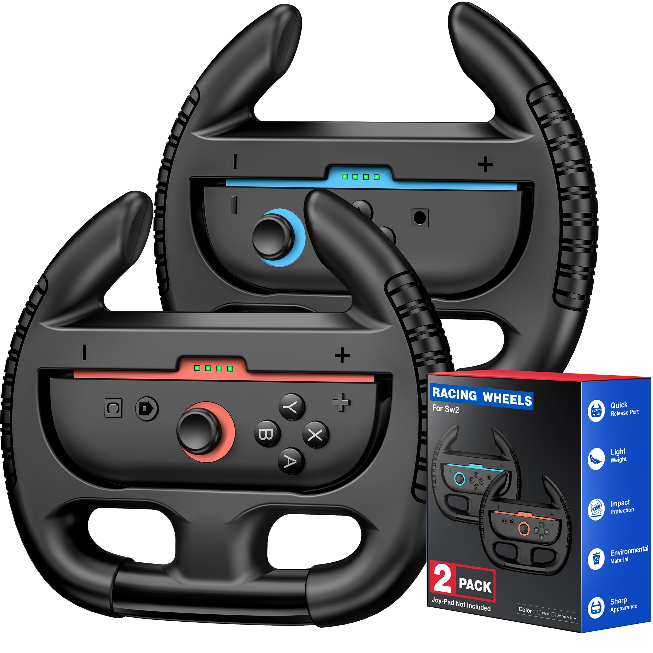 Steering Wheels for Nintendo Switch 2 (2025), Racing Wheels for Mario Kart World & 8 Deluxe, Bigger SL/SR Buttons, Switch 2 Games Accessories for Switch 2 JoyCon Controller, Easy to Install, 2 Pack Black
