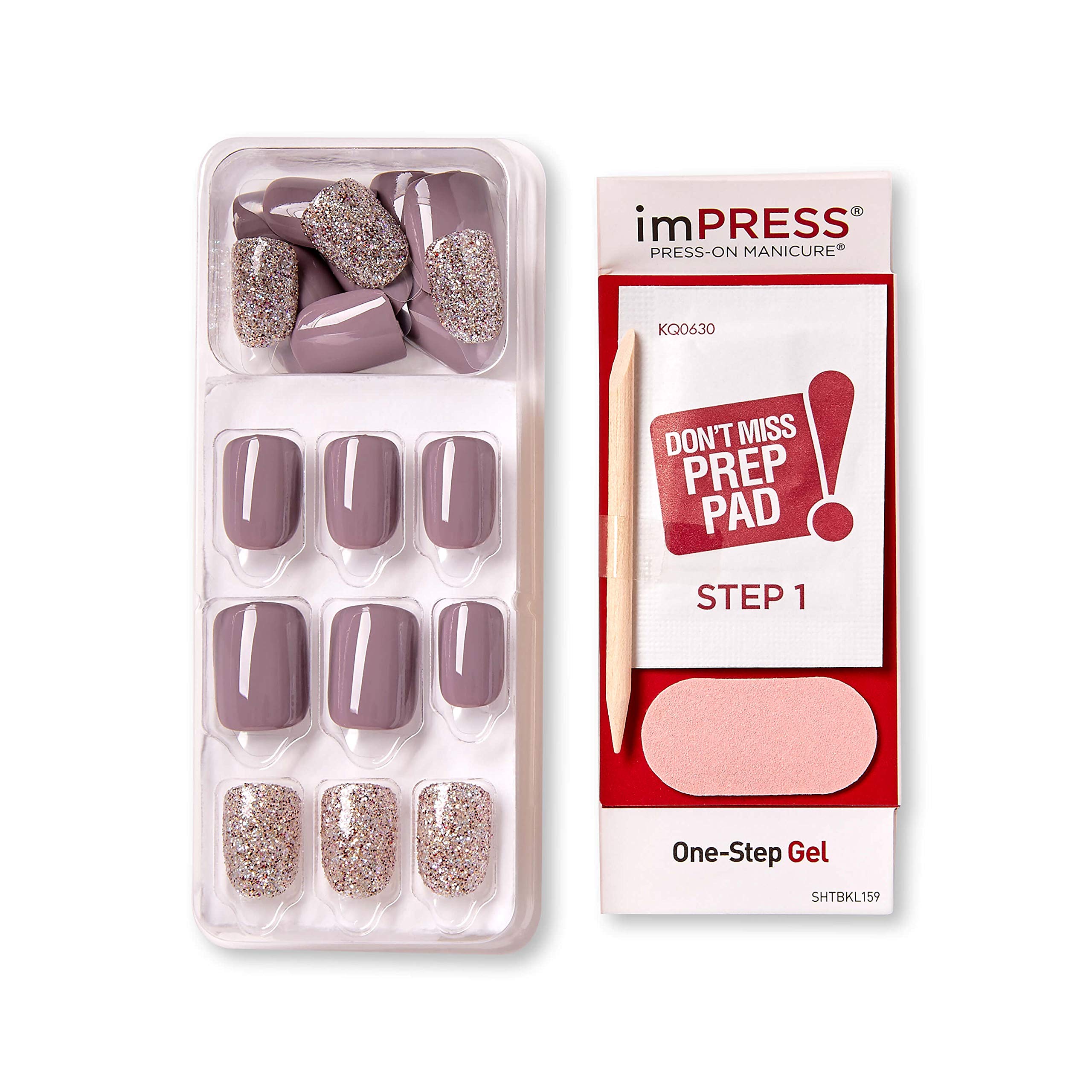 KISS imPRESS Press-On Manicure, Nail Kit, PureFit Technology, Short Press-On Nails, Square, 'Flawless', Includes Prep Pad, Mini Nail File, Cuticle Stick, and 30 Fake Nails Purple and Silver - Image 5