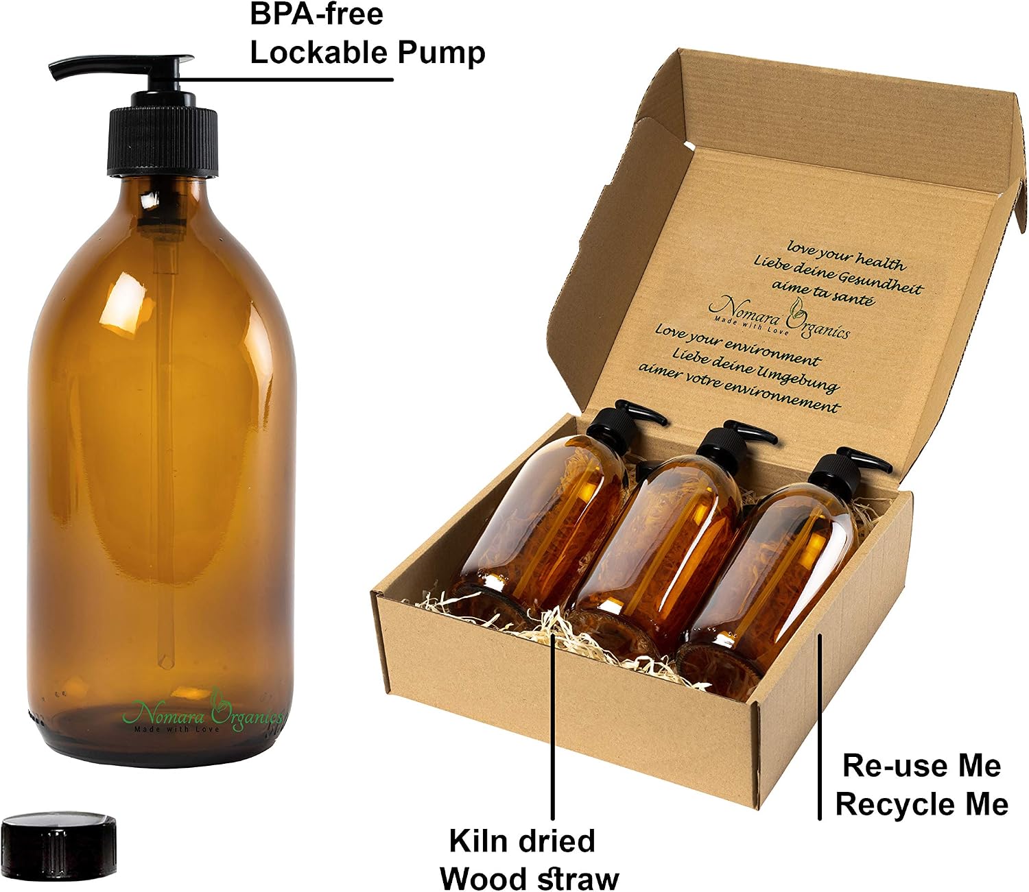 Nomara Organics Amber Soap Dispenser Bottles with Lockable Pumps, 4 Pack, BPA Free Glass - Image 3