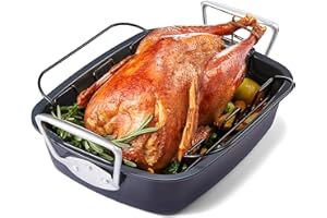 HONGBAKE Extra Large Turkey Roasting Pan with Rack (U-Shaped), 18.7×13.6 Inch Nonstick Roaster Pan for 25 lb Turkey & Chicken, Deep Turkey Tray for Oven, Wider Handles, 0.8 mm Heavy Duty Steel, Gray