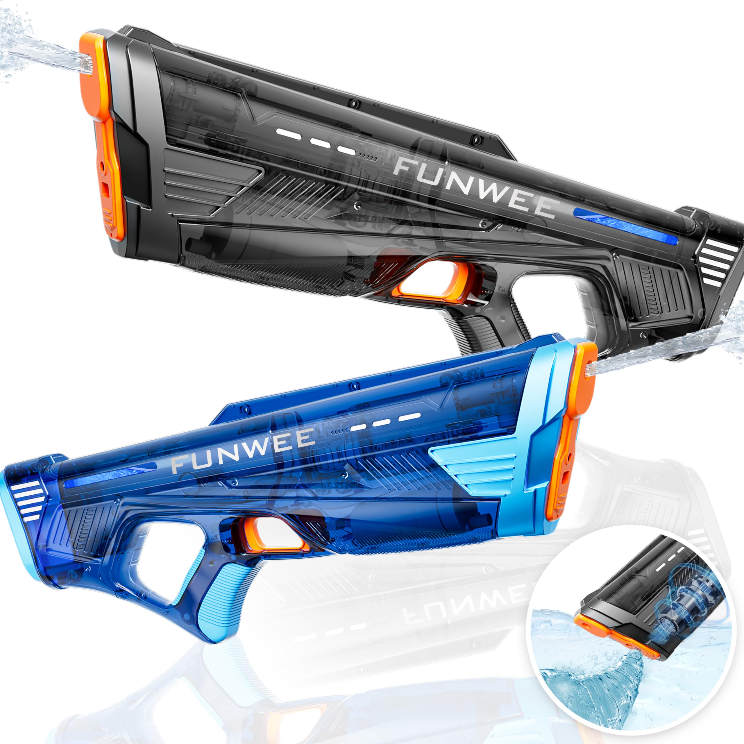 View 1 of Funwee 2 Pack Electric Water Gun for Adults Kid, Powerful Automatic Squirt Gun, High Powered Shooting 100+ Times, Long Range 28-32 FT, Auto Water Blaster, Pool Outdoor Toy Game(Transparent Black+Blue)