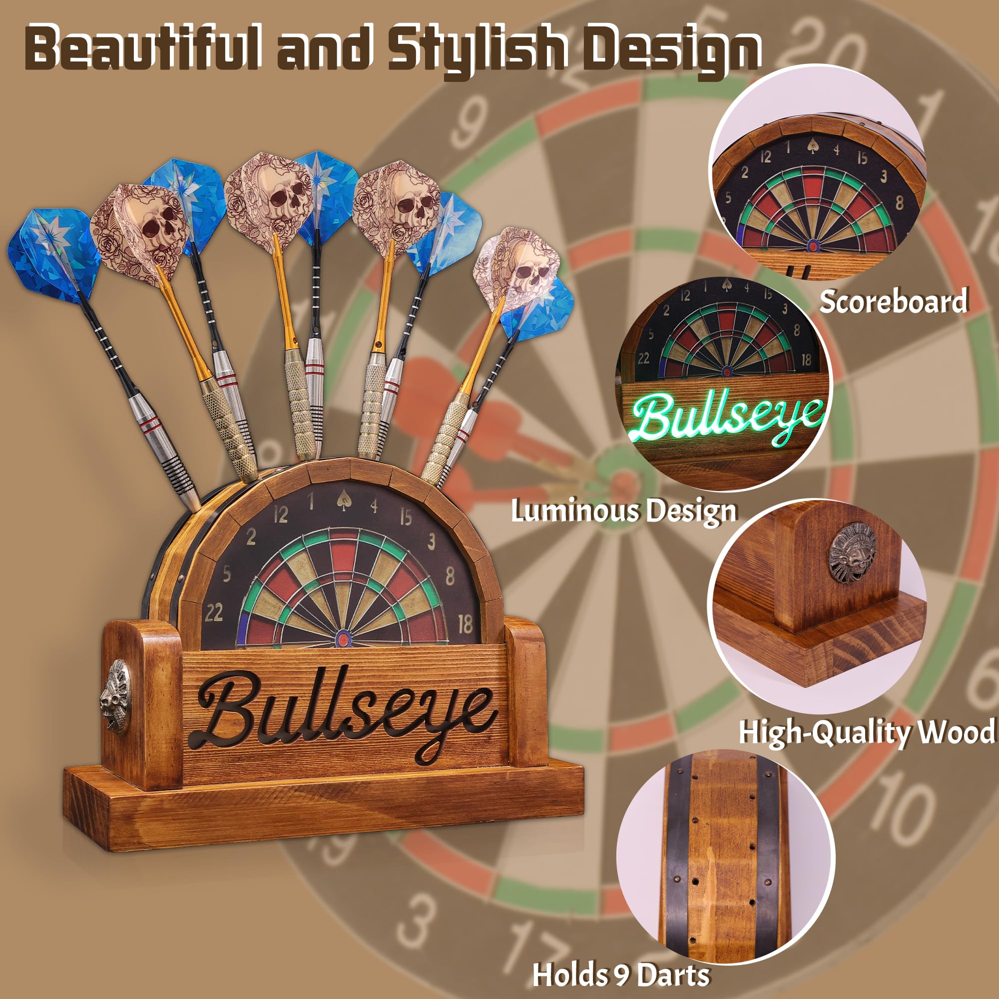 CoolGift Mart Beleuchteter Dart-Ständer, hölzerne Dart-Halter mit USB betrieben hält 9 Darts, Weihnachten Geburtstag Geschenke für Darts-Enthusiasten 4