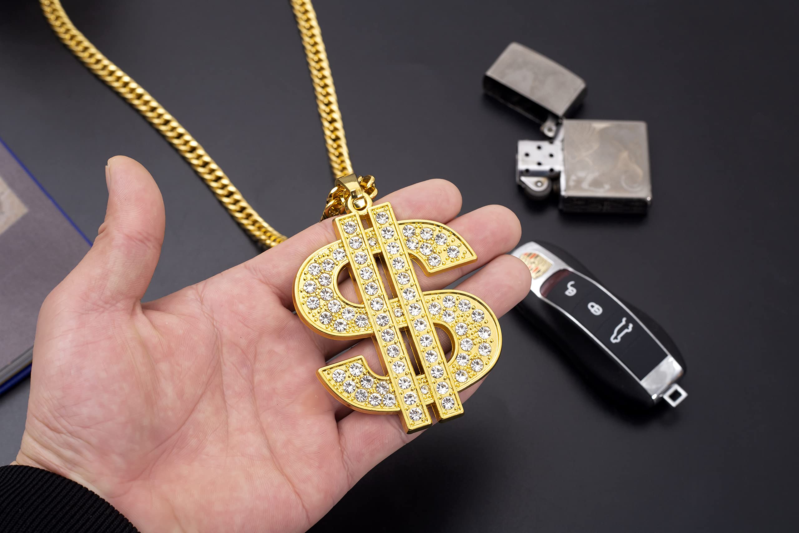 HUITIAN INTL Gold Chain with Dollar Sign Big Money Necklaces for Men Women Stainless Steel Rhinestone Jewelry Fashion Pendants with 28 Inches Cuban Chain (Gold)Spinner Dollar Sign Necklaces 36 Inches