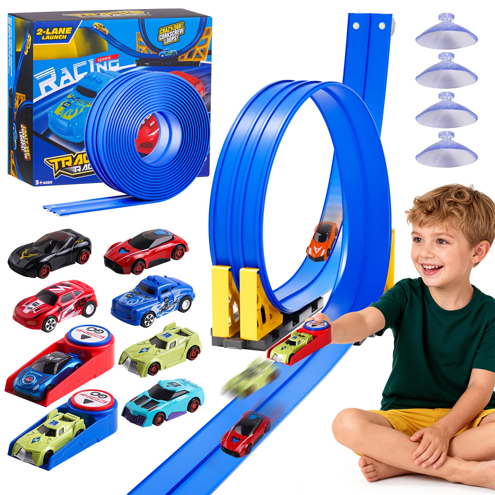 Photo 1 of 16-Ft Flexible Race Track Set for Kids, DIY Roll-Up Racetrack with 2 Launchers & 6 Mini Cars, Suction-Cup Portable Track Compatible with 1:64 Die-Cast Cars, Indoor & Outdoor Gift for Boys Girls 3+