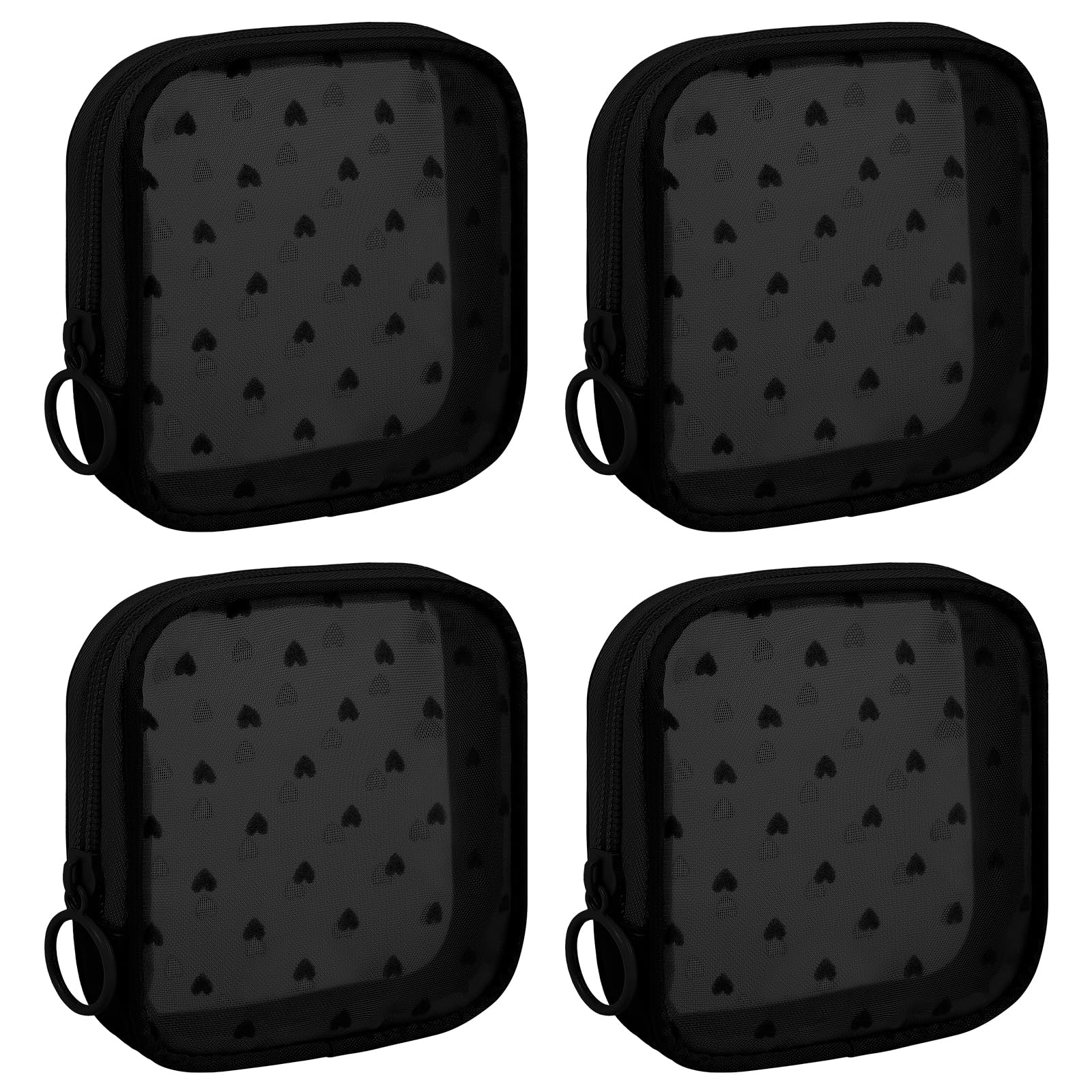 Photo 1 of Sinzip 4 Pieces Mini Zipper Nylon Mesh Pouch, Mesh Cosmetic Bags Makeup Bags, Multipurpose Travel Toiletry Bags for Office Supplies and Travel Accessories (Heart Print-Black, S)