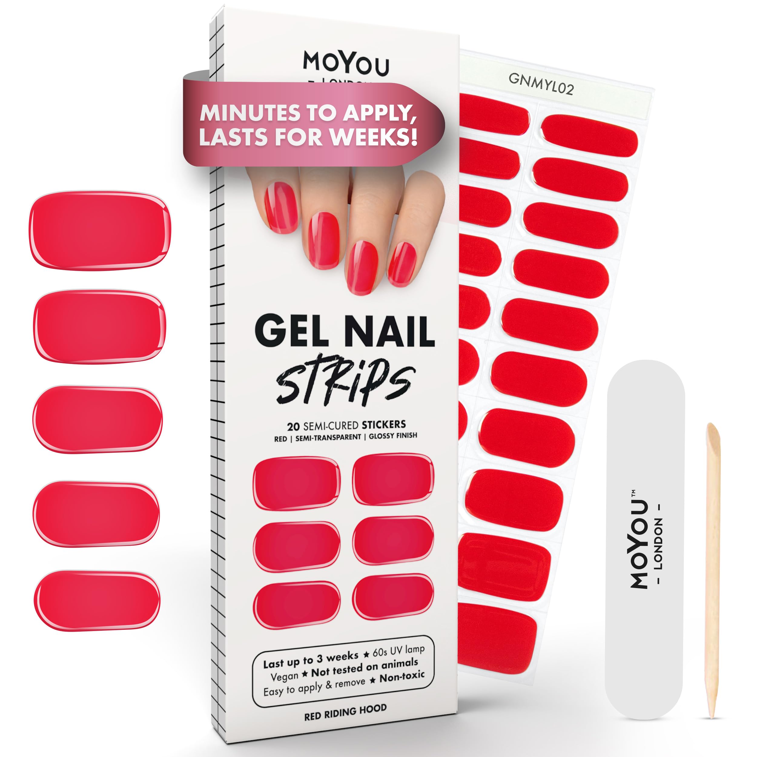 MOYOU LONDON Semi Cured Gel Nail Strips - 20 Pcs. Waterproof Gel Nail Wraps, Cures in Sunlight or UV/LED Lamp, Lasts Up to 2+ Weeks, Stretchable, Easy to Apply & Remove, Vegan & Cruelty-Free
