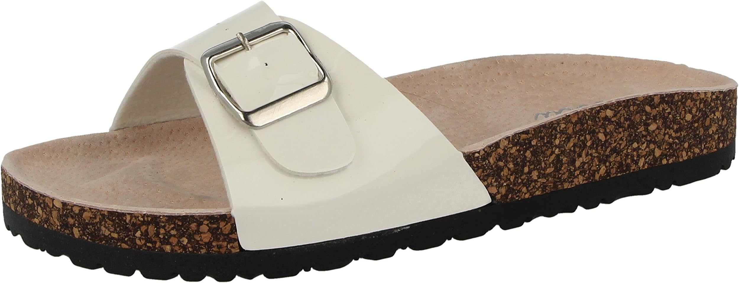 ella Ladies Marina Patent Faux Leather Buckle Slip On Peep Toe Flat Cork Flip Flop Mule Sandals Size 3-8 (UK 8, White Patent)