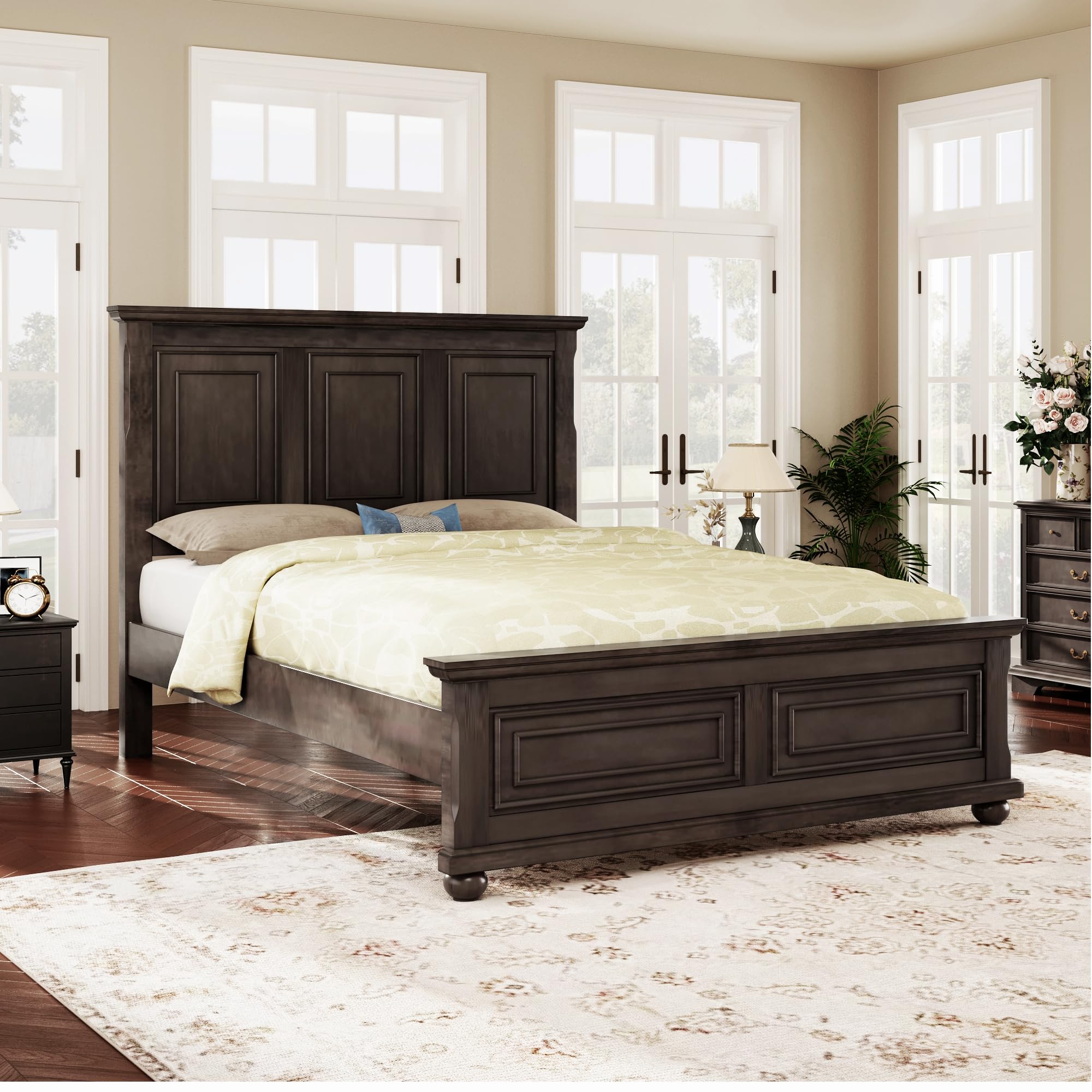 Photo 1 of Merax Traditional Town Bed Frames and Country Style Pinewood Vintage King Bed, Rich Brown