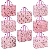 Christmas Non-woven Gift Bags: 8pcs Pink Multifunctional Reusable Wrapping Shopping Treat Bags with Handles, Gingerbread Nutcracker Santa Claus Xmas theme Pattern, for Presents Birthday Wedding Party
