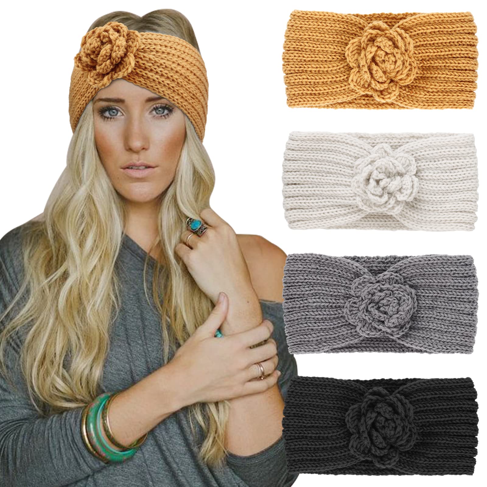 DRESHOW 4 Pack Crochet Knit Turban Headband Warm Bulky Crocheted Head Wrap Headband Ear Warmer for Women