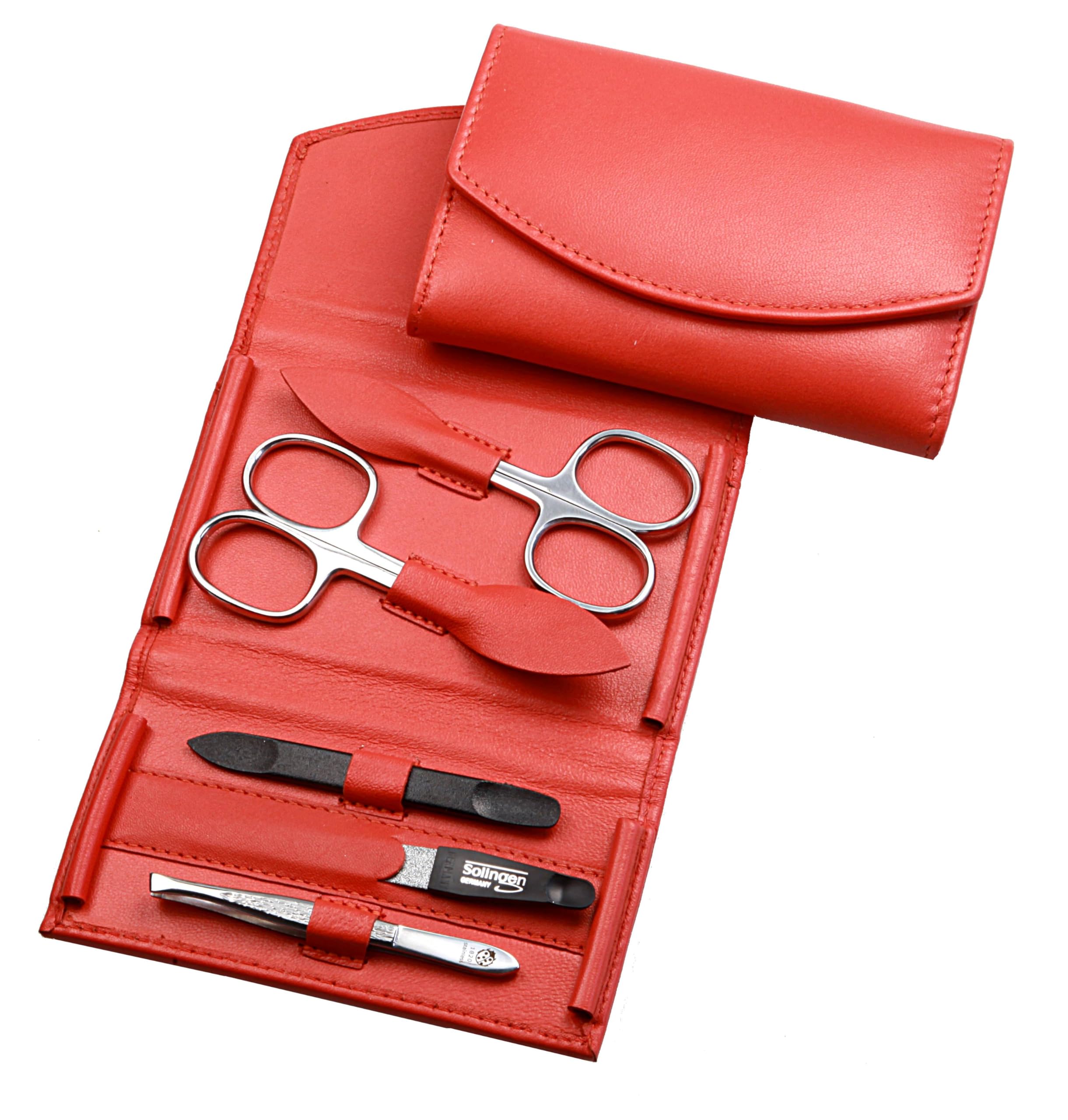 Manicure Set - 5-Piece Nail Care Set - Genuine Nappa Lambskin Leather Manicure Case - Nail Scissors, Cuticle Scissors, Nail File, Tweezers and Double Instrument (Orange)