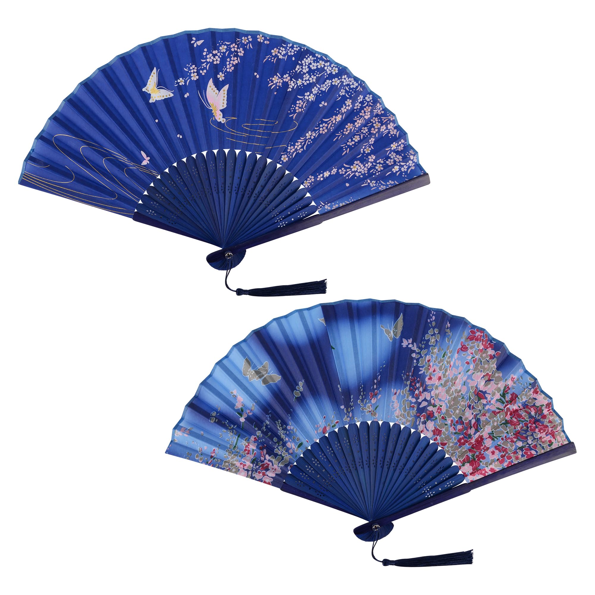 KEYIDO 2 Pcs Folding Hand Fans for Women Silk Fabric and Hollow Carved Bamboo Traditional Fans Chinese Style Hand Fan with Tassels for Wall Decoration Wedding