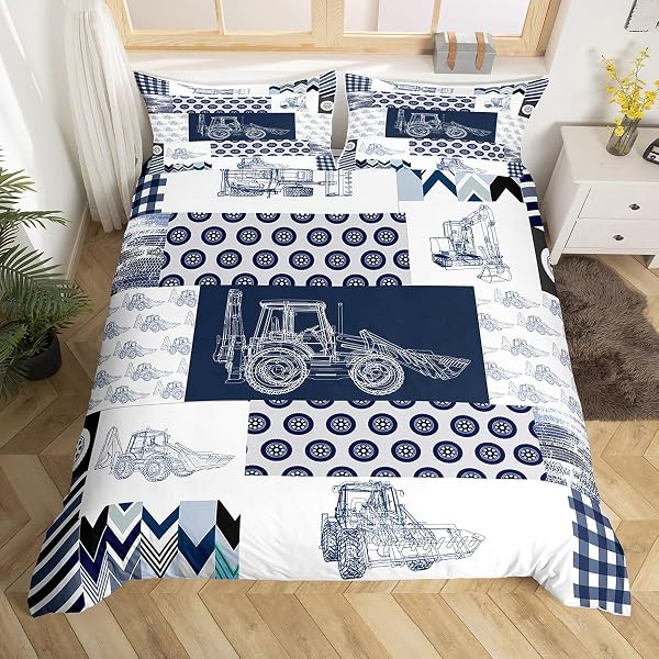 FEELYOU KIDS CONSTRUCTION BEDDING SET TWIN SIZE EQUIPMENT TRUCKS DUVET COVER FOR BOYS CARTOON CAR EXCAVATOR TRACTOR COMFORTER COVER SET CONSTRUCTION VEHICLES PLAID GRID BLUE AND WHITE BEDSPREAD COVER