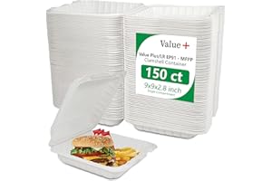 Value Plus [9''x9''x2.8" - Single Compartment 150-Pack] White Clamshell Take Out Food Containers MFPP, Disposable Clamshell T