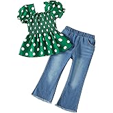 Kucnuzki Toddler Kids Girls Clothes Short Sleeve Shirt Top Flare Denim Jeans 2 Piece Outfits For Girls Cute Clothing Set