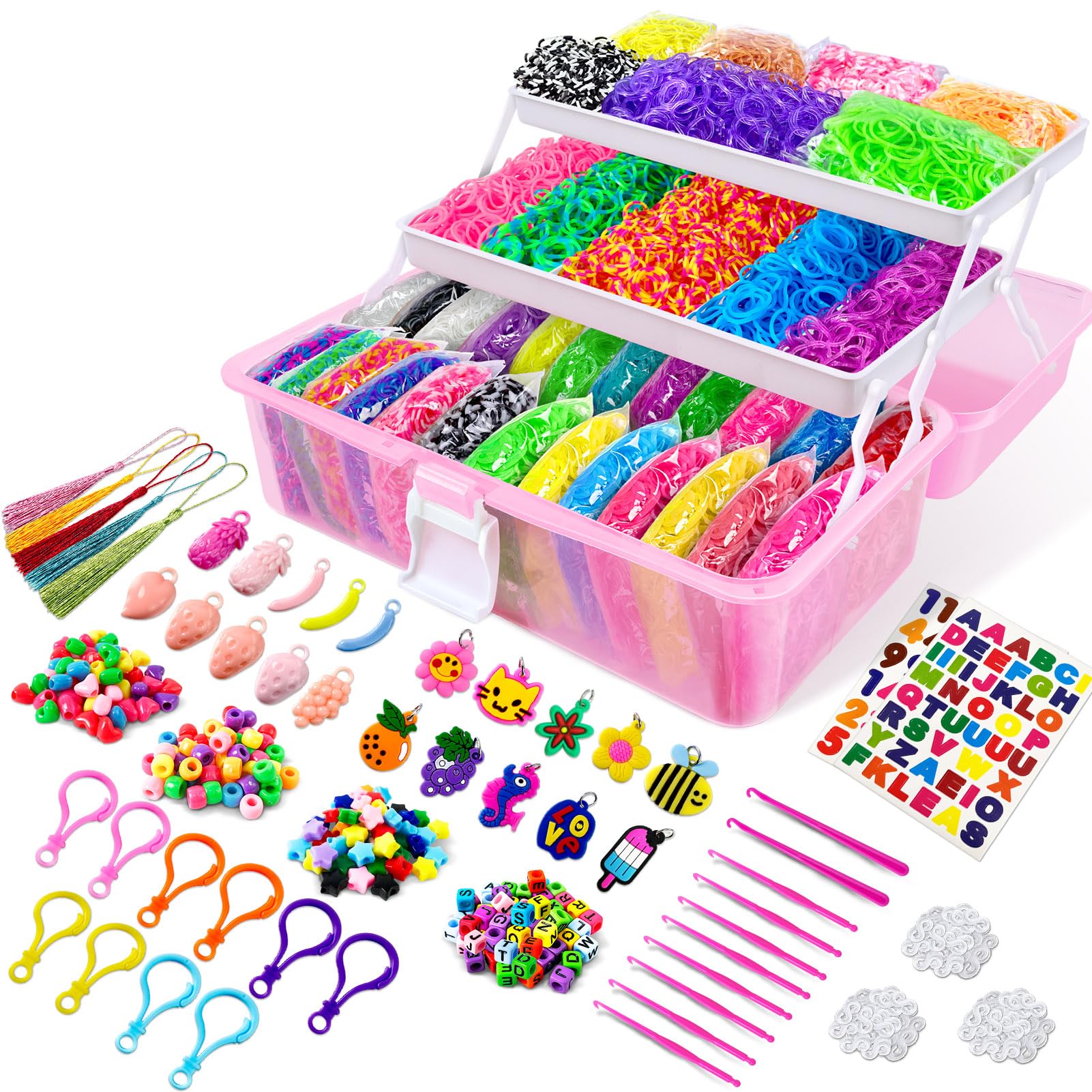 ROSHUKG 14500 Rubber Bands Bracelet Kit, Colorful Loom Bands Making Kit with 3 Layer Container for Girls Boys(Pink)