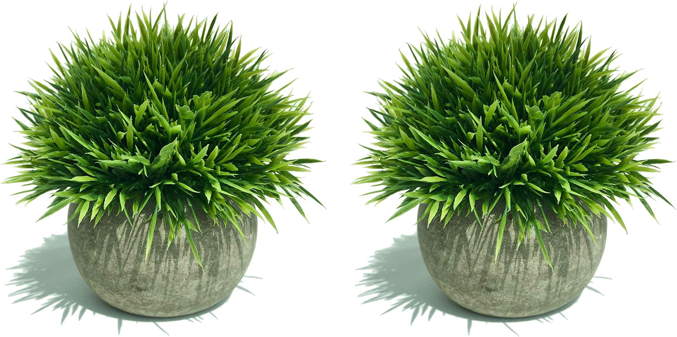 Maikai Products 2-pack Artificial Potted Green Grass. 5'' Tall x 5'' Wide Mini Size. Minimalist. Long lasting. Decorative fake grass plant in pots for home office indoor bathroom kitchen table decor