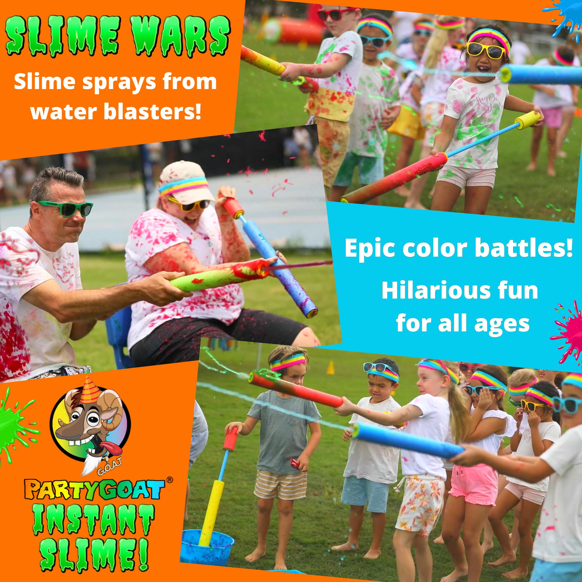 PARTY GOAT Bulk Instant Slime Powder. Mix with Water to Make 40 Gallons. Large Multicolor Kit for Slime Blaster Guns, Color Run or Color War