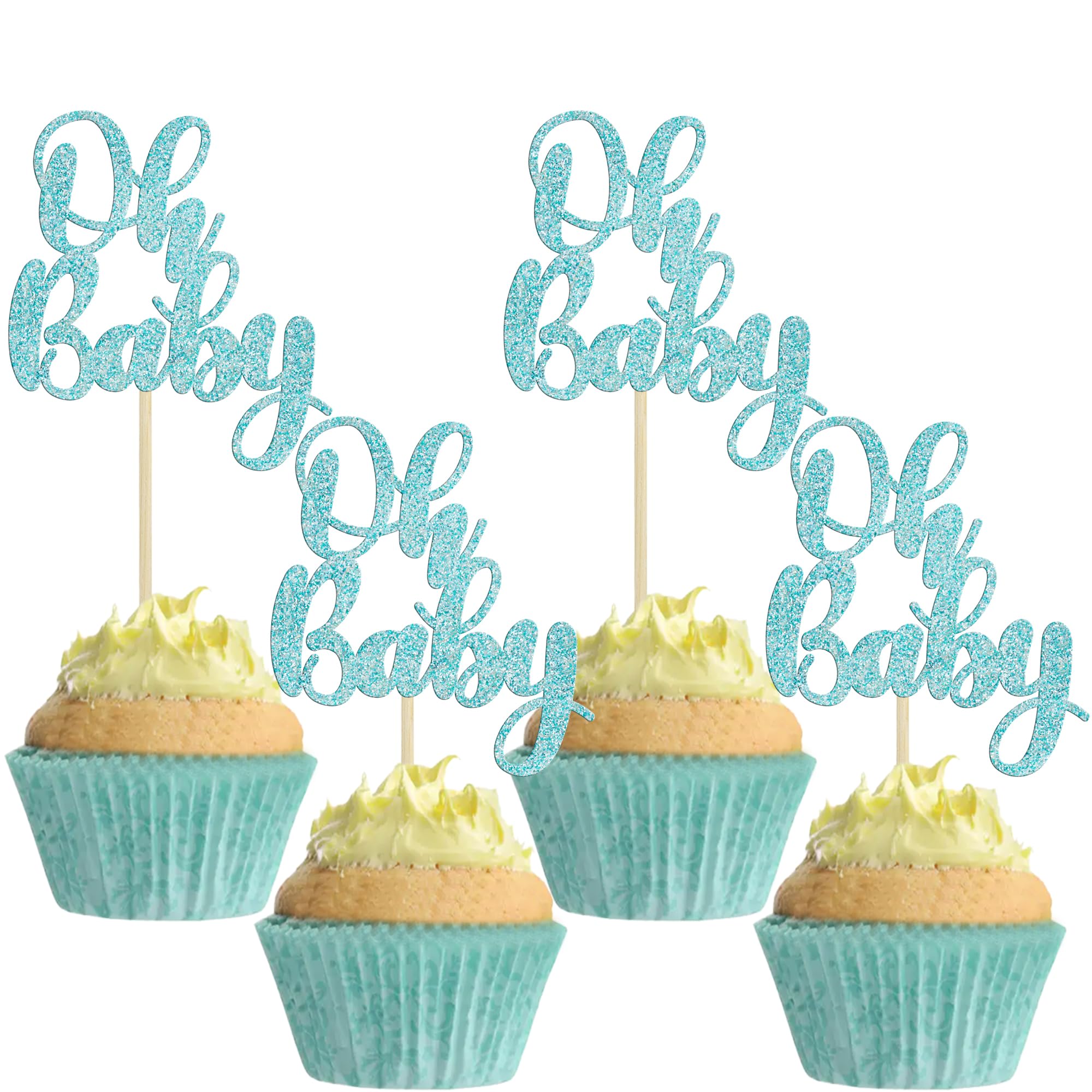 Gyufise 36Pcs Oh Baby Cupcake Toppers Glitter Baby Shower Cupcake Picks Oh Baby Cake Pick for Baby Shower Kids Boys Girls Birthday Party Cake Decorations Supplies Light Blue