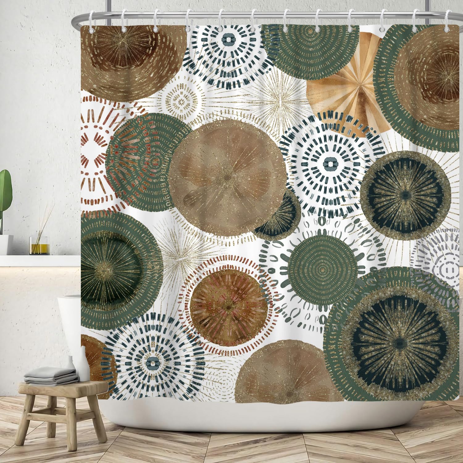 ASDCXZ Shower Curtain 180x180 cm, Modern Boho Green Brown Gold Circle Pattern White Bath Washable Shower Curtains Polyester Textile Waterproof Bath Curtain for Bathtub with 12 Hooks โ image 1