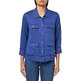 MULTIPLES womens Cuffed Three Quarters Sleeves Drop Shoulder Four-pocket Button Front Fringe Hem Jacket