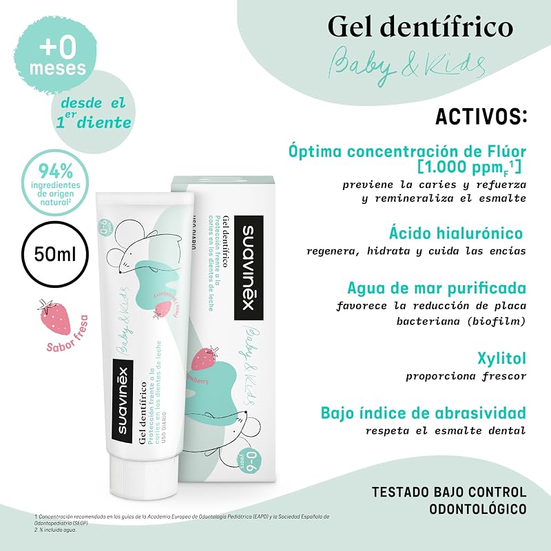 , Pasta de Dentes para Bebés e Crianças 1000ppm de Flúor, do 1º Dente aos 6 Anos, Sem Glúten, Previne Cáries e Cuida das Gengivas, com Xilitol e Água do Mar, Pasta de Dentes com Sabor a Morango, 50 ml