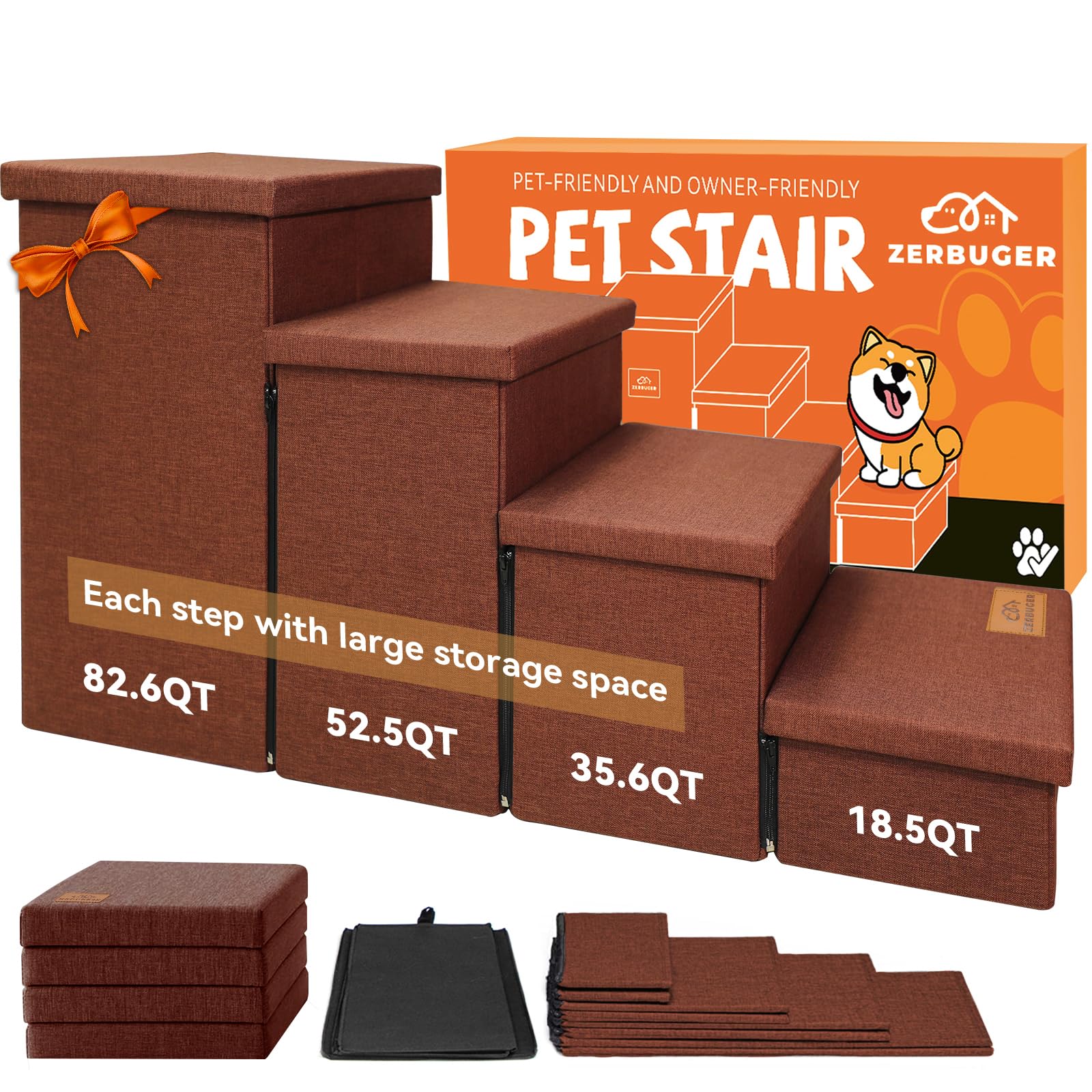 Photo 1 of Zerbuger Dog Stairs with Storage 23" H, 4-Step Wider Dog Steps for High Beds Window, Folding Sturdy Pet Stairs Gift for Small/Medium/Large Old Dogs Cats, Ramp for Climbing Car Up to 200 lbs, Brown