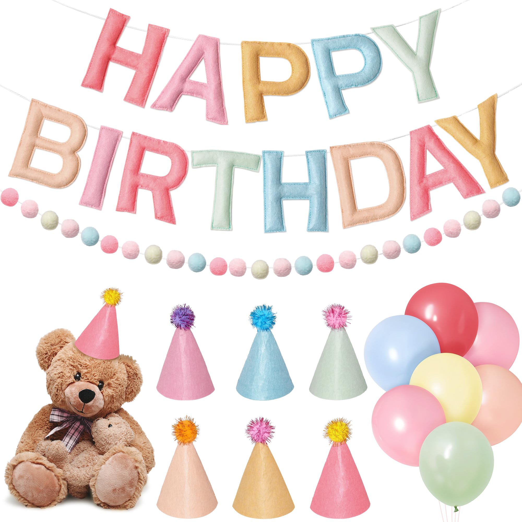 Photo 1 of **MISSING HAPPY BIRTHDAY BANNER--INCLUDES GARLAND AND HATS**Kriyokiaa Pre-Strung Felt Happy Birthday Banner Retro Pastel Happy Birthday Party Decorations with Party Hats for Stuffed Animals, Pom Pom Garland and Latex Balloons for Women Girls Party Decor