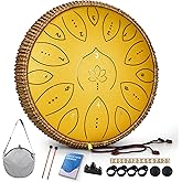 Steel Tongue Drum 13 Inches 15 Notes, Hand Pan Drums for Adults 440hz, C Major Handpan Musical Instrument with Song Book, Mallets and Carry Bag, Yellow