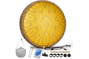 LIDGUNI Steel Tongue Drum 13 Inches 15 Notes, Hand Pan Drums for Adults 440hz, C Major Handpan Musical Instrument with Song Book, Mallets and Carry Bag, Yellow