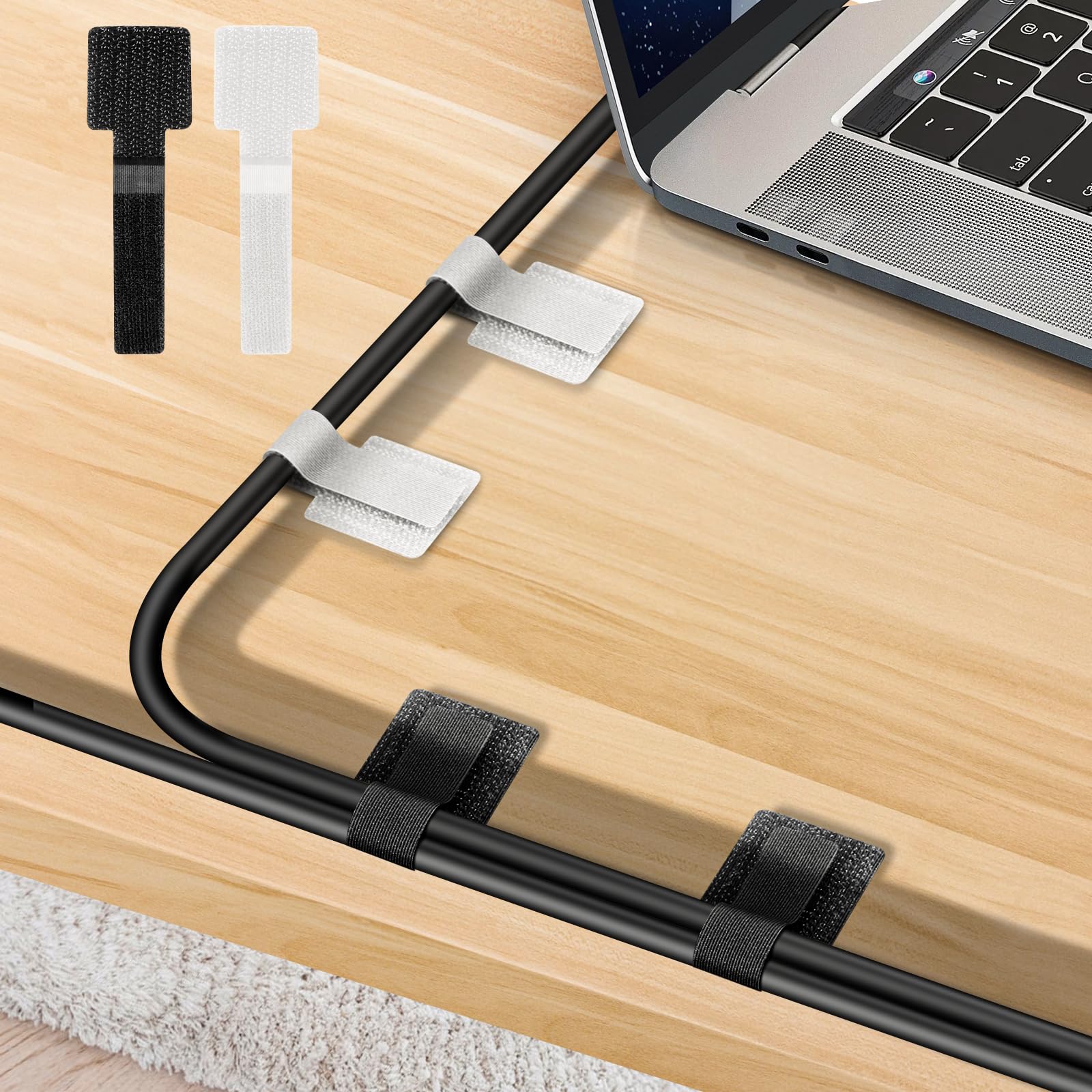 Photo 1 of Under Desk Cable Management, Wire Organizers for Cords - Upgrade 48 PCS Sticky Back Self Adhesive Cable Ties, Hook and Loop Straps for Home or Office Use