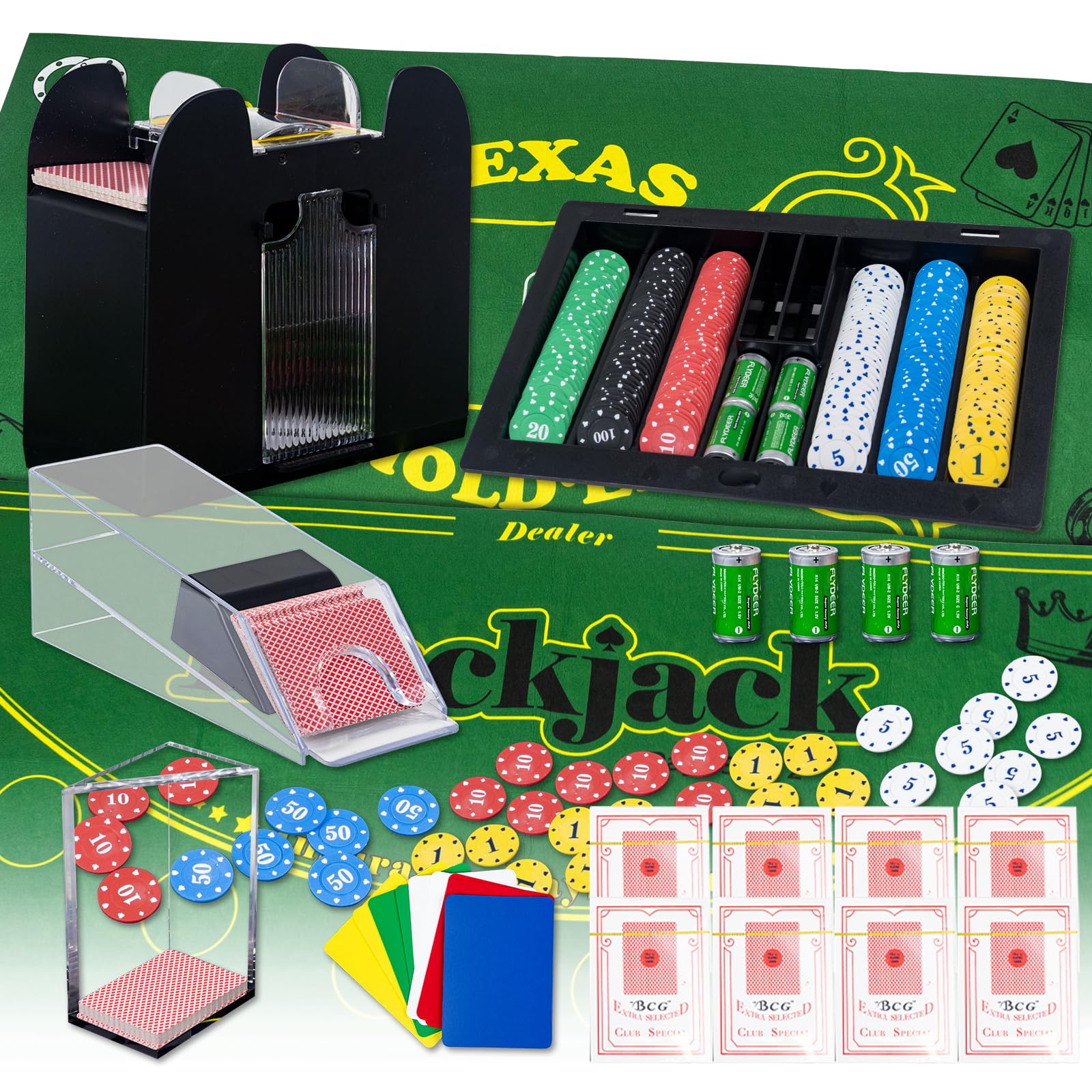 Photo 1 of Casino Table Game Set,Blackjack/Texas Hold'em/Poker Set with Card Shoe,Discard Tray, Automatic Shuffler,Chip Rake,360Chips,8 Deck Playing Card ,Double-sided felt?Green?,10 Cut Cards,Casino Poker Set