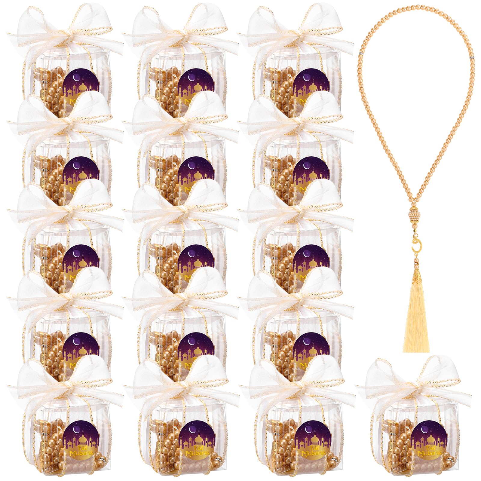 Photo 1 of 16 Sets Muslim Prayer Beads Ramadan Eid Gifts Bulk with Stickers Bows Box 99 Eid Tasbih Prayer Worry Beads Tasbeeh for Men Women Hajj Eid Kursi Umrah Islamic Religion Ramadan Festival Party Favor
