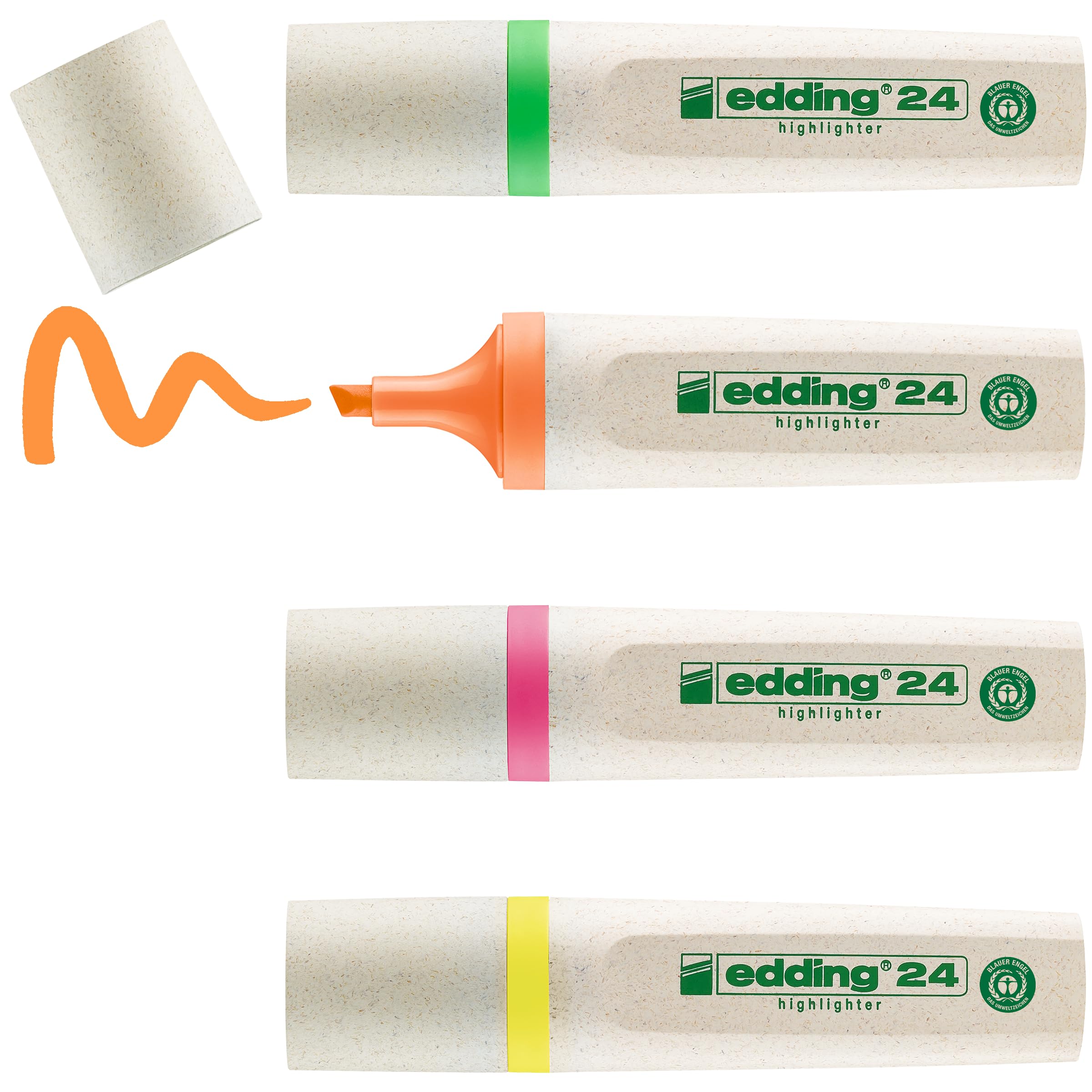edding 24 EcoLine highlighter - set of 4 - yellow, orange, pink, green - chisel nip 2-5 mm - for quick and easy marking and highlighting of texts and notes - refillable, made of recyclable material