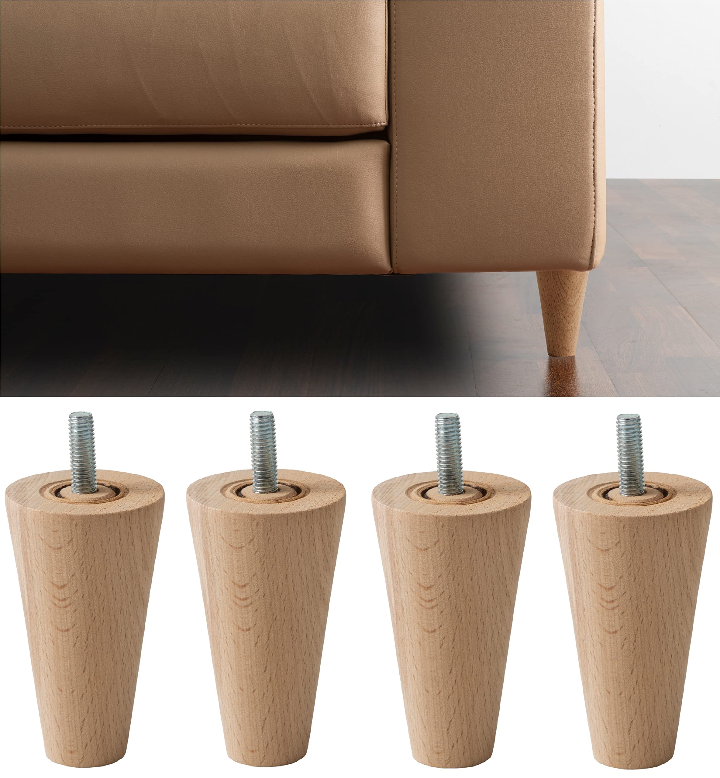 IPEA Set of 4 x 10 cm Wooden Tapered Legs for Furniture and Sofa 100 mm Beech Legs